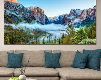 Foggy mountain Yosemite national park landscape canvas wall art Nature print Large wall decor Ready to hang