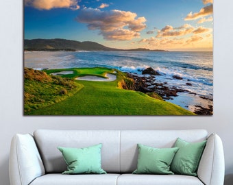 Pebble Beach Golf Canvas Wall Art, Coastal Green Landscape Print, Ocean Decor