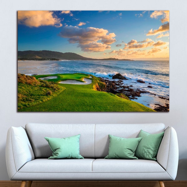 Golf Pebble Beach Links canvas wall art Coastal golf landscape wall decor Golfer gifts Extra large wall art Ready to hang