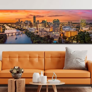 Austin Texas skyline Canvas Print Wall Art with pink-orange evening skies Austin Wall Decor Colorado River Texas Wall Art Extra large canvas