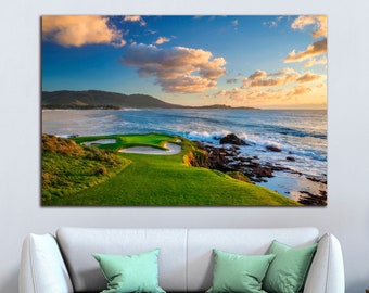 Art mural sur toile Golf Pebble Beach Links Décoration murale paysage de golf côtier Cadeaux de golfeur Art mural extra large Prêt à accrocher