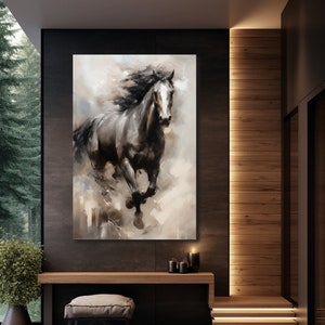Running wild horse canvas wall art Abstract smoky horse painting print Modern home decor Extra large wall art