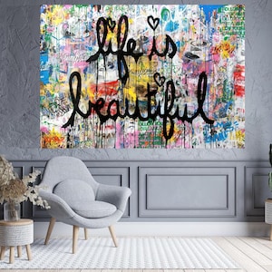 Abstract Graffiti Colorful Life Is Beautiful Painting Canvas Print Modern Home Wall Decor Extra Large Housewarming Gifts