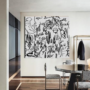 Abstract female line drawing wall art Female body and faces lines print Black and White graffiti love decor Scribble line art canvas