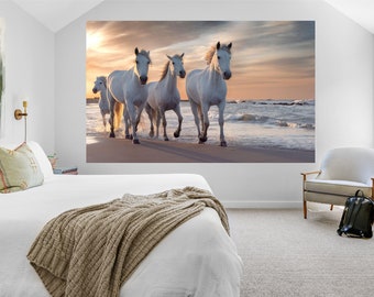 Horses Canvas White Horses Sea Canvas Sunshine Nature Canvas Four horses Canvas Summer Vibe Grace Animals wall canvas print decor