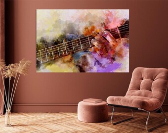 Colorful watercolor guitar wall art Watercolor music canvas wall decor Extra large wall art Multi panel home decor Ready to hang