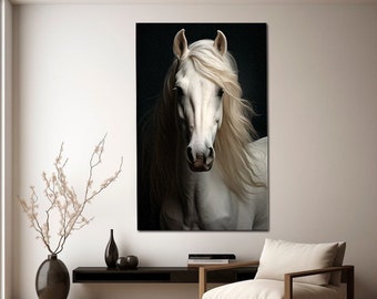 Horse wall art White large horse canvas Wild animal print Horse lover gift Living room wall art Ready to hang