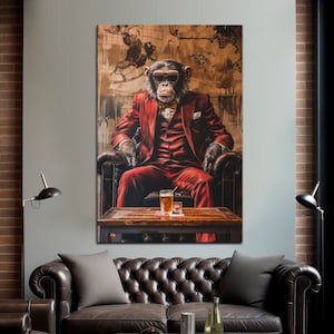 May include: A chimpanzee wearing a red suit and sunglasses sits in a leather armchair with a glass of whiskey on a wooden table. The background is a painting of a world map.