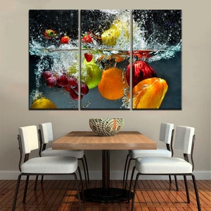 Fruits in water splash wall art Still life canvas Citrus print Colorful fruits artwork Kitchen wall art decor Extra large wall art