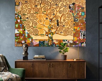 Gustav Klimt Tree of Life Canvas Wall Art, Horizontal Gold Masterpiece Print, Large Painting Poster