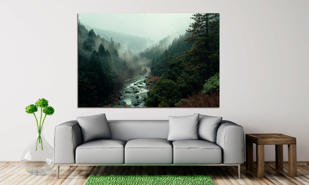 Mountain River Wall Art Misty Forest Landscape Canvas Rocky River Art