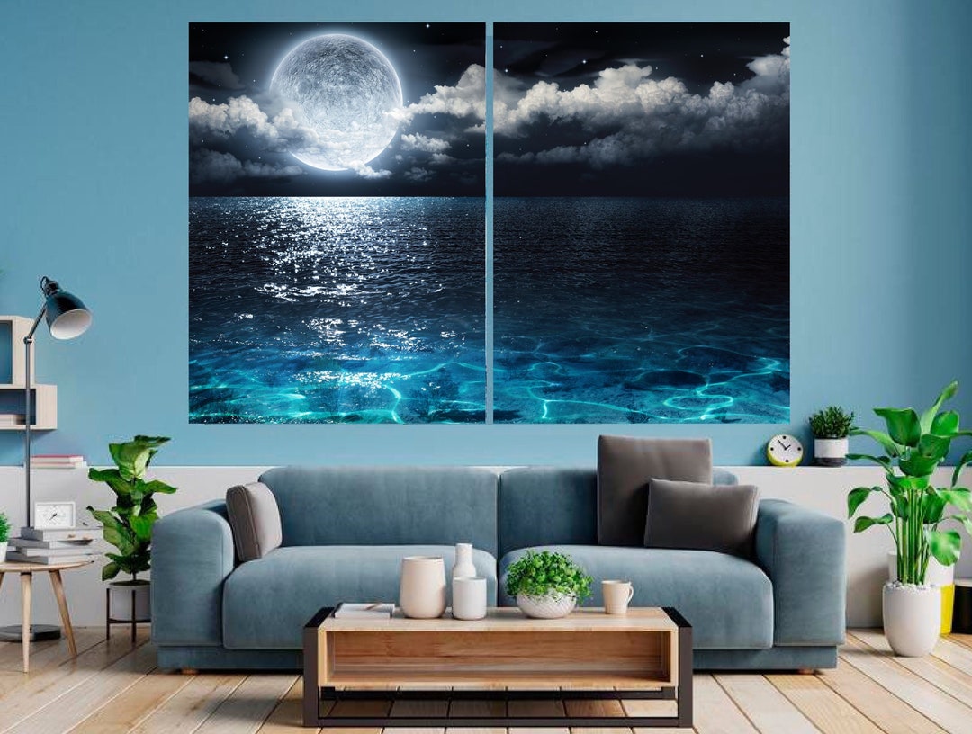 Moon Over the Sea Full Moon Wall Art Night Ocean Art Cloud - Etsy