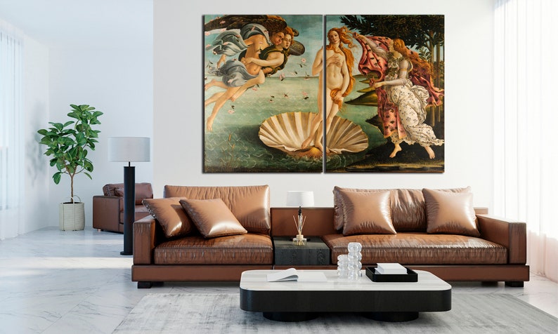The Birth of Venus Reproduction Canvas Print Sandro Botticelli Classic Painting Fine art Multi panel canvas wall art Livingroom home decor Set of 2 Panels