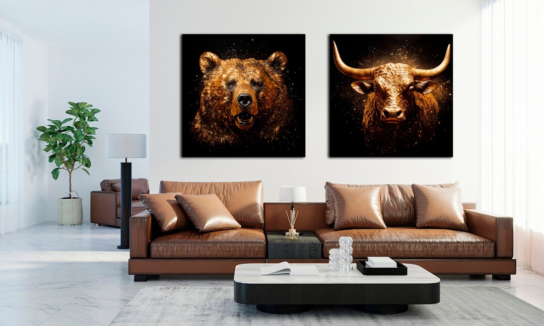 Bull Bear Canvas Wall Art Stock Market Canvas Gold Black Print Office