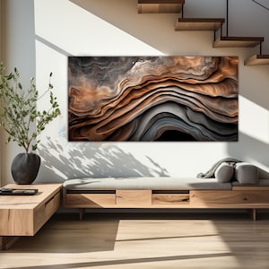 Toile abstraite vagues : oeuvre d'art murale à texture bois neutre ocre