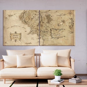 Map canvas World map wall art Antique map print Middle Earth antique map wall decor Extra large wall art Ready to hang Set of 2 Panels