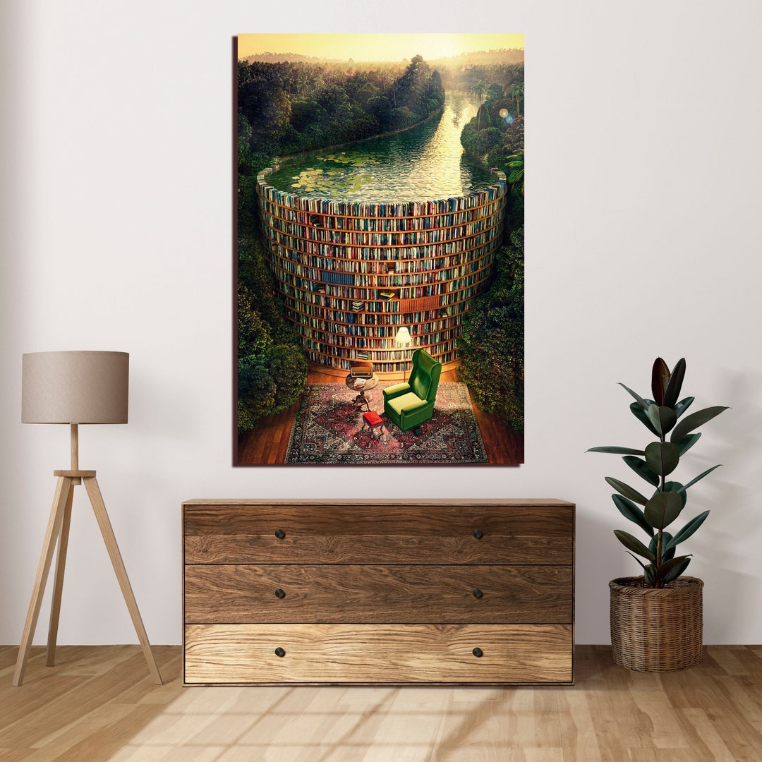 Surreal Library Wall Art Books and Landscape Canvas Library Wall Decor