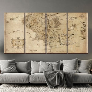 Map canvas World map wall art Antique map print Middle Earth antique map wall decor Extra large wall art Ready to hang Set of 4 Panels