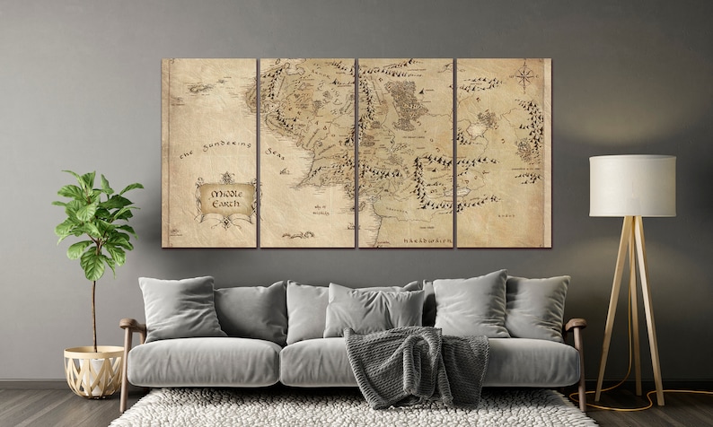 Map canvas World map wall art Antique map print Middle Earth antique map wall decor Extra large wall art Ready to hang Set of 4 Panels