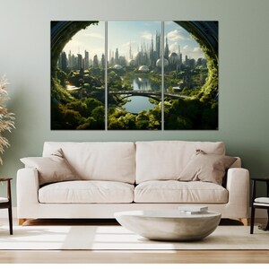 May include: A three-panel wall art set depicting a futuristic city skyline viewed through a circular, moss-covered portal. The scene features tall, slender towers, a central river with a bridge, and lush green vegetation under a bright sky.