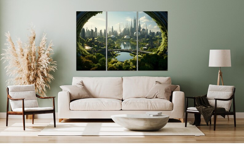 May include: A three-panel wall art set depicting a futuristic city skyline viewed through a circular, moss-covered portal. The scene features tall, slender towers, a central river with a bridge, and lush green vegetation under a bright sky.