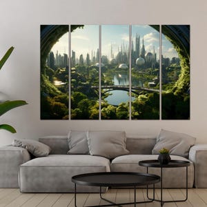 May include: A five-panel wall art set depicting a futuristic city with tall metallic spires and spherical structures nestled within a lush green landscape, viewed through a circular portal frame that overlooks a calm lake and a bridge.