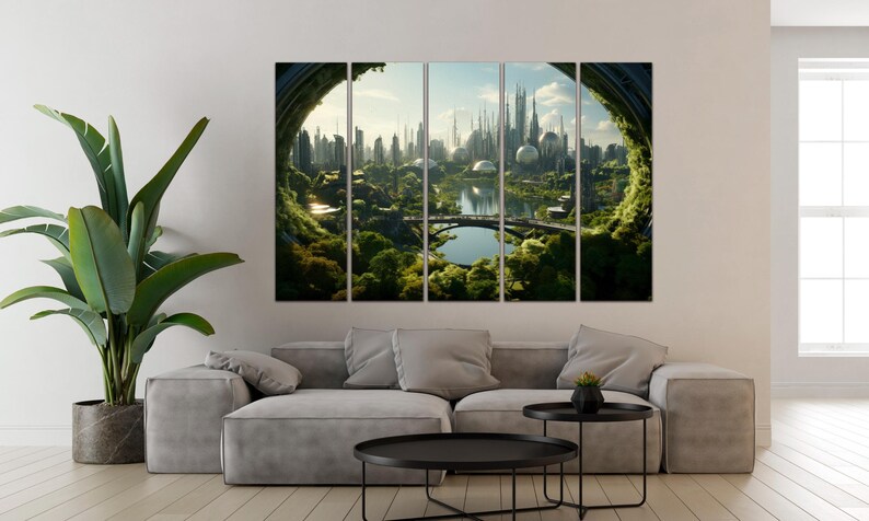 May include: A five-panel wall art set depicting a futuristic city with tall metallic spires and spherical structures nestled within a lush green landscape, viewed through a circular portal frame that overlooks a calm lake and a bridge.