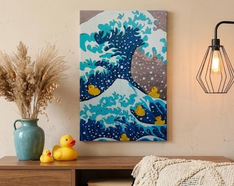Rubber duck great wave canvas wall art, funny japanese ukiyo-e parody vertical print