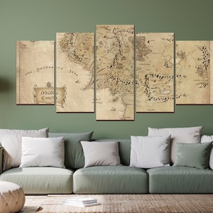 Map canvas World map wall art Antique map print Middle Earth antique map wall decor Extra large wall art Ready to hang 5 Special Panels