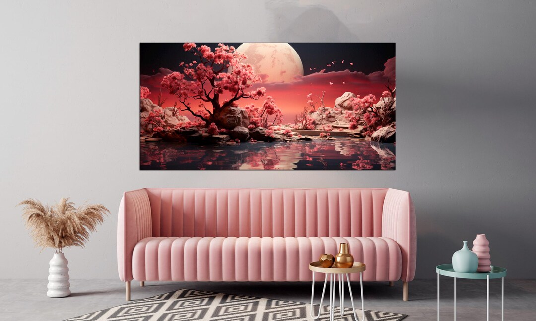Pink Cherry Blossom Canvas Wall Art: Abstract Japanese Sakura Landscape ...