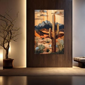 Abstract Cactus Desert Arizona Canvas Wall Art Abstract Mosaic Nature Saguaro Print Modern Home Wall Decor Extra Large Housewarming Gifts
