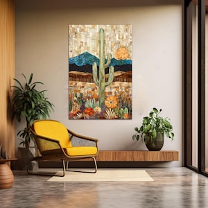 Cactus Mosaic Desert Arizona Canvas Wall Art Abstract Nature Saguaro Print Modern Home Wall Decor Extra Large Housewarming Gifts