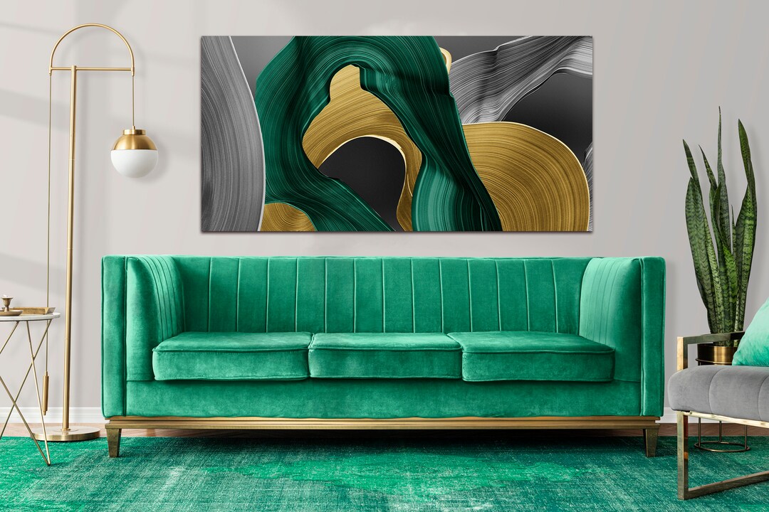 Abstract Green Gold and Silver Canvas Wall Art Abstract Emerald Green