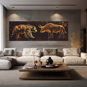 Bull bear Gold canvas wall art Stock market print Wall street Business wall decor Exchange Finance Art Extra Large Canvas Ready to hang