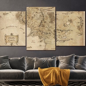 Map canvas World map wall art Antique map print Middle Earth antique map wall decor Extra large wall art Ready to hang 3 Special Panels