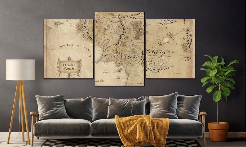 Map canvas World map wall art Antique map print Middle Earth antique map wall decor Extra large wall art Ready to hang 3 Special Panels