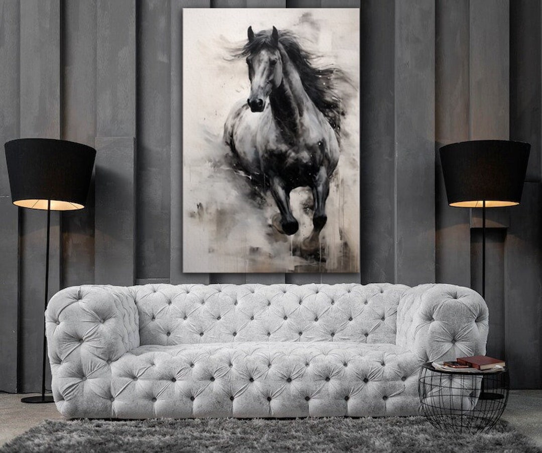 Black White Running Horse Painting Canvas Print Smoky Horse Wall Art ...