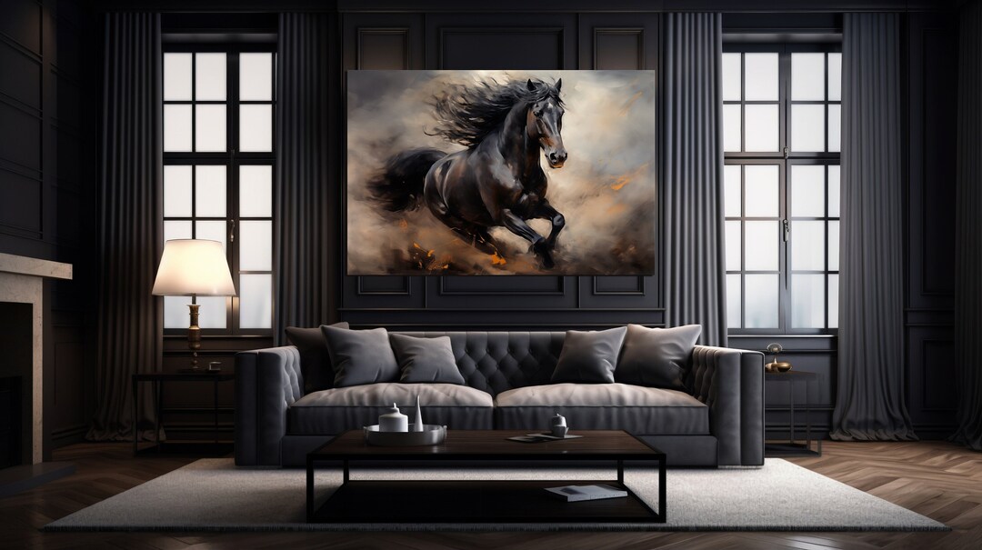 Wild Black Running Horse Canvas Wall Art Horse Smoky Painting Print on ...