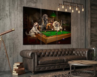 May include: A three-panel wall art print depicting a group of dogs playing billiards in a dimly lit room. The scene features a green pool table, billiard balls, cues, and glasses of beer. The dogs are anthropomorphized, standing around the table.