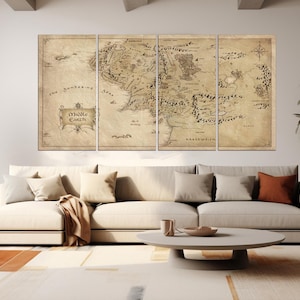 May include: A vintage-style map of Middle-earth, the fictional world from The Lord of the Rings, printed on canvas and divided into four panels. The map is beige with brown and black text and lines. The map is hanging on a white wall above a beige couch.