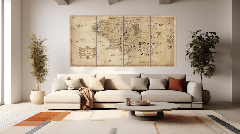 May include: A vintage-style map of Middle-earth, the fictional world from The Lord of the Rings, printed on canvas and divided into four panels. The map is beige with brown and black text and lines. The map is hanging on a white wall above a beige couch.