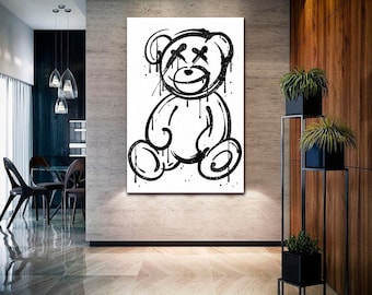 Strange Abstract Bear Graffiti canvas wall art Black glitter white bear painting print Modern home decor Extra large wall art Ready to hang