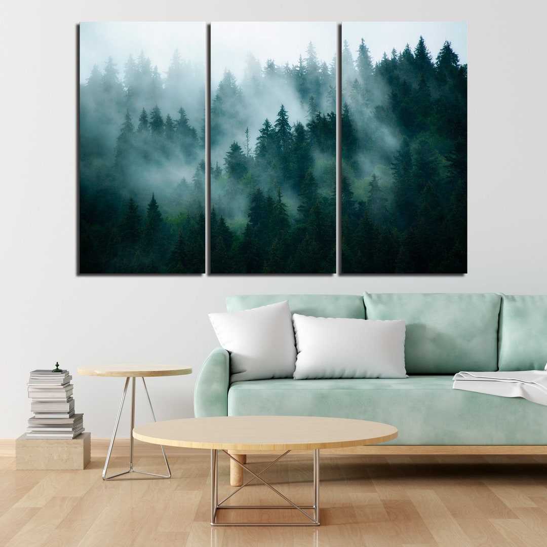 Misty Green Forest Wall Art Foggy Scandinavian Landscape Canvas Nature ...