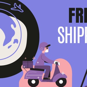 May include: A purple and pink scooter with a delivery driver wearing a mask and a brown box on the back. The scooter is driving towards a map with a purple pin on it. The text "FREE SHIPPING" is in large white letters on a purple background. The image also includes a globe with a plane flying over it and a brown box with a string and a tag.