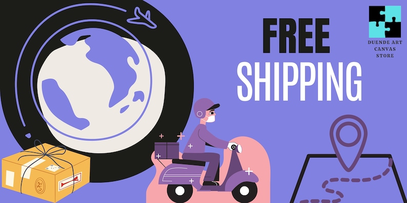 May include: A purple and pink scooter with a delivery driver wearing a mask and a brown box on the back. The scooter is driving towards a map with a purple pin on it. The text "FREE SHIPPING" is in large white letters on a purple background. The image also includes a globe with a plane flying over it and a brown box with a string and a tag.