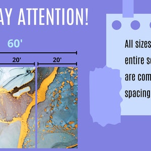 May include: A three-panel abstract art print with blue, gold, and white colors. The print is 60 inches wide and 40 inches tall. PLEASE PAY ATTENTION! All sizes are displayed per entire set, when all panels are combined, without spacing included. Total size (WxH) 60'x40'.