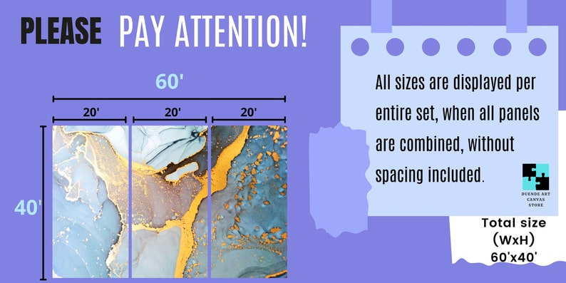May include: A three-panel abstract art print with blue, gold, and white colors. The print is 60 inches wide and 40 inches tall. PLEASE PAY ATTENTION! All sizes are displayed per entire set, when all panels are combined, without spacing included. Total size (WxH) 60'x40'.