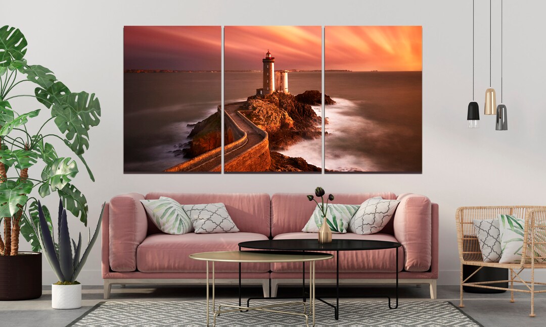 Sunset Lighthouse Seascape Canvas Wall Art Orange Skyline Coastal Print ...