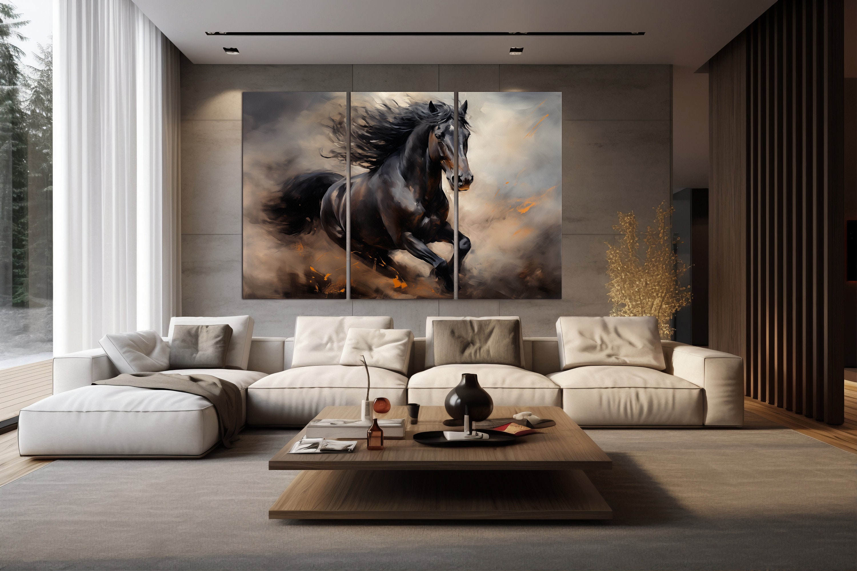 Wild Black Running Horse Canvas Wall Art Horse Smoky Painting Print on ...