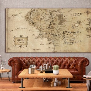 Map canvas World map wall art Antique map print Middle Earth antique map wall decor Extra large wall art Ready to hang Single panel